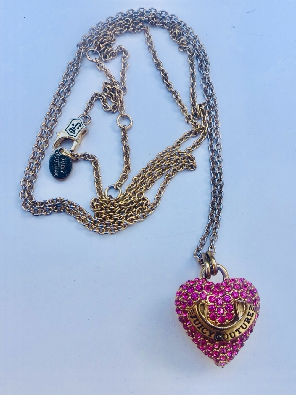 Juicy Couture pink heart chunky pave banner rhinestones long pendant necklace